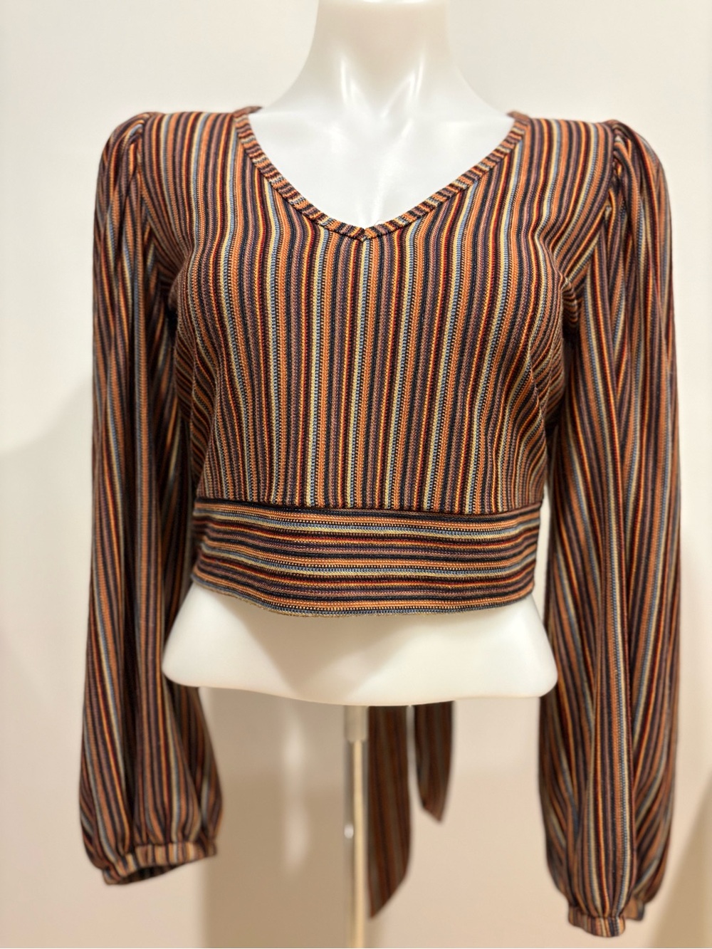 Free People Brown Multi Striped V-Neck Crop Top with open back tie